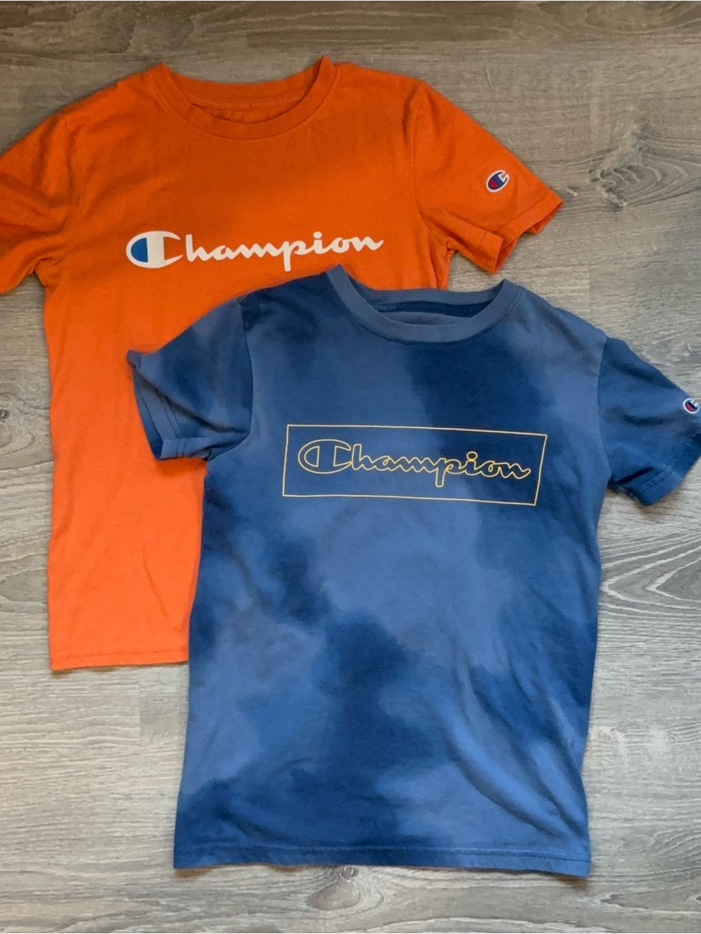 2 Champion Boys YL Orange & Navy Tie-Dye Logo Athletic Cotton T-Shirts